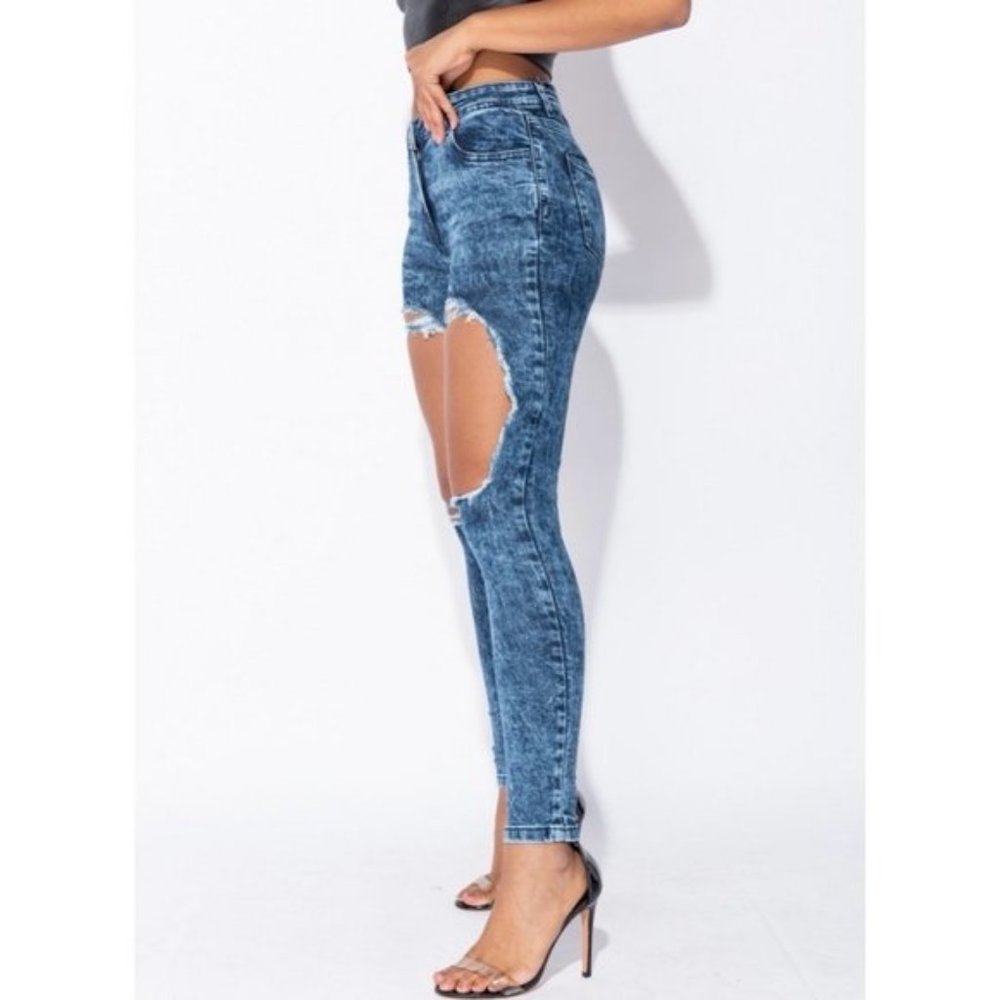 Blue Acid Wash High Waist Ripped Distressed Skinny Jeans Denim Pants - Picture 4 of 10